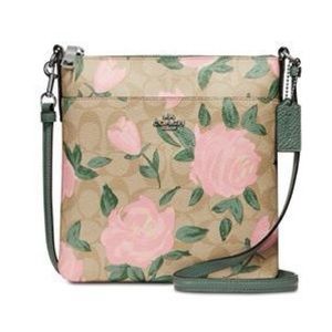 Coach crossbody bag, khaki with pink roses